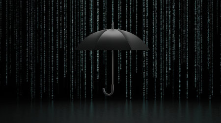 A striking visual of a black umbrella set against a cascading background of green binary code, symbolizing data protection in the digital age.の素材