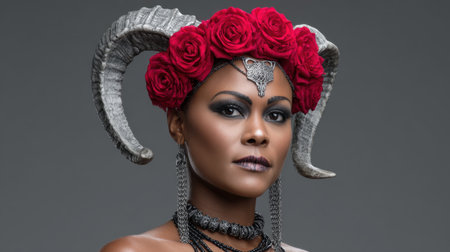 A stunning portrait of a model wearing an ornate horned headdress adorned with vibrant red roses, exuding a blend of elegance and fantasy. This artwork highlights unique accessories and intricate makeup, perfect for creative inspiration.の素材