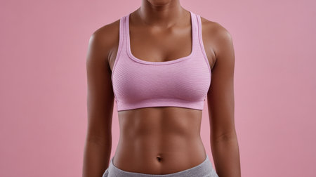 This image depicts an athletic woman wearing a pink sports top, highlighting her toned abdomen against a soft pink background, embodying health and fitness ideals.の素材