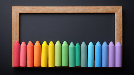 A stunning arrangement of colorful crayons displayed in a wooden frame, set against a dark background, highlighting creativity and artistic expression.の素材