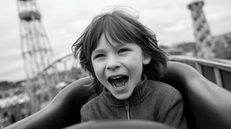 A joyful child with wind-blown hair enjoying a thrilling moment on a roller coaster at an amusement park, captured in stunning black and white.の素材