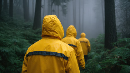 A group of people in bright yellow raincoats walks through a dense, foggy forest. The lush greenery and mist create a serene atmosphere, inviting exploration.の素材