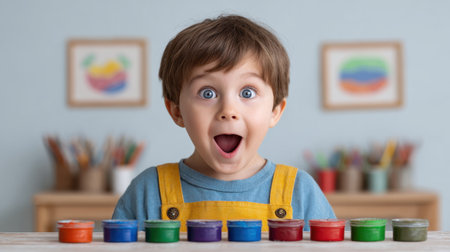 A joyful young boy with wide eyes and an open mouth showcases his excitement while surrounded by vibrant paint trays, perfect for illustrating childhood creativity.の素材