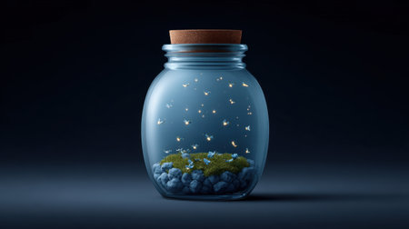 A captivating glass jar filled with glowing fireflies, green moss, and blue pebbles set against a dark background, creating a magical and serene atmosphere.の素材