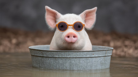 A charming pig enjoying a sunny day in a water container, wearing bright sunglasses. This playful scene captures joy, humor, and carefree summer vibes.の素材