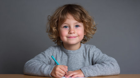A cheerful young child enjoys drawing with a pencil at a table in a cozy room. The gray background enhances the focus on the child's joyful expression and creativity.の素材