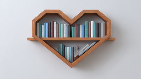 This unique heart-shaped wooden bookshelf adds a charming touch to any space. It features a variety of books in soft colors, perfect for book lovers.の素材