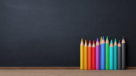 A visually appealing arrangement of colorful crayons stands neatly against a black chalkboard backdrop, perfect for educational and artistic themes.の素材