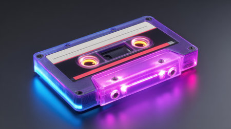 A vibrant retro cassette tape features glowing neon colors, capturing the essence of nostalgia and music culture. Perfect for artistic projects or themes.の素材