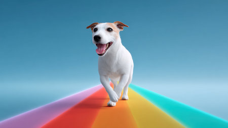 A joyful dog happily runs on a vibrant rainbow path, set against a bright blue backdrop, capturing the essence of playfulness and companionship.の素材