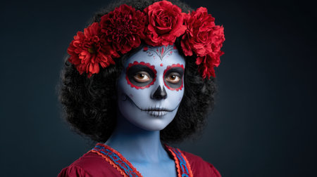 Vibrant portrait of a woman celebrating Day of the Dead, showcasing intricate face paint and a floral headpiece, against a dark backdrop.の素材