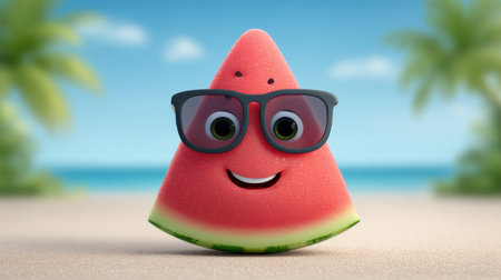 Adorable cartoon watermelon character wearing sunglasses smiles warmly, set against a vibrant tropical beach background, perfect for summer themes.の素材