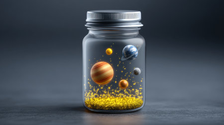 A captivating glass jar containing a miniature universe with planets and shimmering stars, symbolizing creativity and limitless imagination in a stunning display.の素材