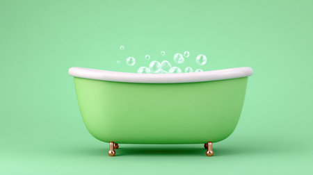 This image showcases a charming green bathtub filled with lovely bubbles, set against a soothing mint backdrop. Ideal for relaxation and spa themes.の素材