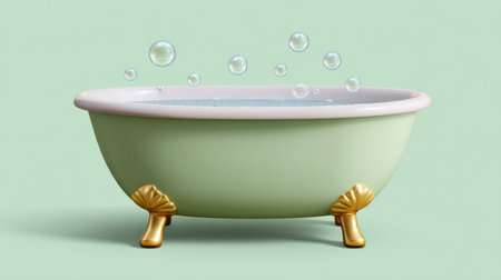 This vibrant image features a vintage-style bathtub with playful bubbles, set against a serene green background. It embodies relaxation and self-care.の素材