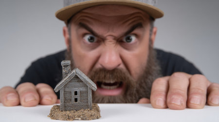 This dramatic image captures a bearded man expressing intense anger while pointing at a small model house. The stark contrast highlights emotion and creative representation.の素材