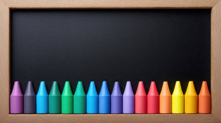 A collection of vibrant crayons neatly arranged on a blackboard, framed in wood, perfect for art projects, educational settings, and creative activities for children.の素材