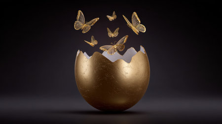 This stunning image features a golden egg with delicate butterflies emerging from it, set against a dark background. It symbolizes transformation and rebirth.の素材
