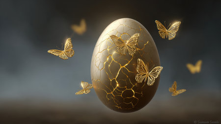 A stunning artistic representation of a golden egg surrounded by delicate butterflies, symbolizing beauty, transformation, and hope in a dreamlike setting.の素材