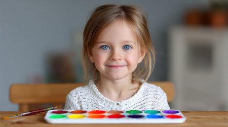 A charming little girl with bright blue eyes and a warm smile sits at a wooden table, ready to create with her watercolor palette, showcasing creativity and joy.の素材