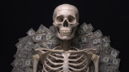 This striking image features a skeleton surrounded by scattered dollar bills, creating a powerful contrast between wealth and death. The dark background enhances the dramatic effect, evoking themes of mortality, greed, and the transient nature of life. Perfect for illustrating concepts related to finance and existential reflections.の素材