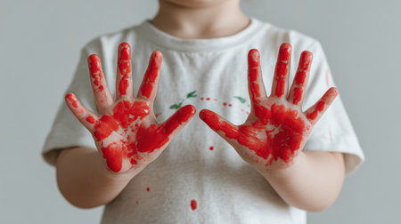 A child joyfully displays hands covered in bright red paint, showcasing artistic expression and creativity in a playful and inviting environment.の素材
