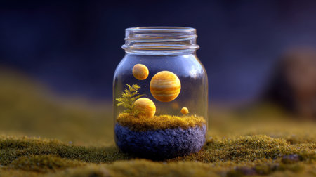 A captivating glass jar filled with miniature planets and vibrant greenery creates a surreal contrast of nature and fantasy. Ideal for inspiring creativity.の素材