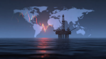 An oil rig stands tall in the ocean against a backdrop of a digital world map, enhanced by stock market trends, representing the intersection of energy and finance.の素材