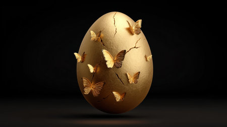 A striking visual of a golden egg adorned with delicate butterflies emerging from its cracks, against a deep black background, symbolizing change and beauty.の素材