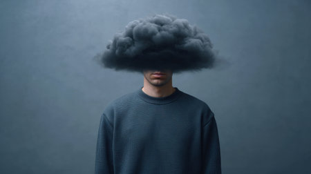 A creative portrait depicting a person with a cloud of smoke overhead, symbolizing complex thoughts and emotions. Ideal for mental health themes.の素材
