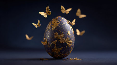 This enchanting image features a beautifully designed black egg adorned with golden butterflies and floral motifs, set against a dark backdrop. A perfect blend of elegance and magic.の素材