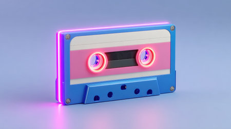 This image features a retro cassette tape glowing with neon lights on a pastel background. It captures the essence of nostalgia and vintage music culture, making it perfect for themes related to music, leisure, and creativity.の素材