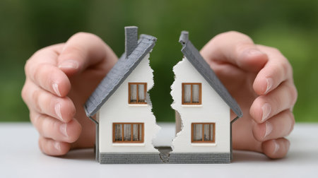 A symbolic representation of a broken house held in hands, illustrating the emotional turmoil and separation often experienced during divorce or relationship breakdown.の素材