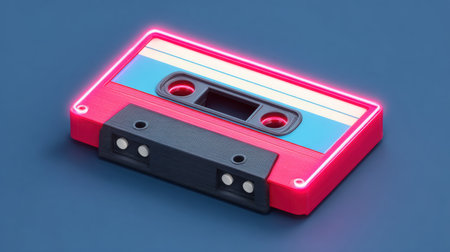 A vibrant retro cassette tape featuring neon edges on a blue background. Ideal for projects celebrating nostalgia, vintage aesthetics, or music themes.の素材