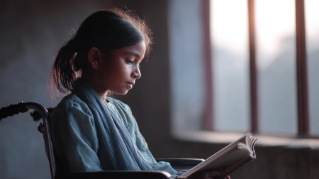 This touching image features a young girl in a wheelchair, deeply engrossed in a book as sunlight streams through a nearby window, embodying a moment of inspiration and tranquility.の素材