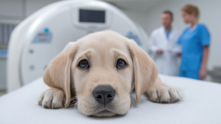A cute Labrador puppy lies on an examination table in a veterinary clinic, showcasing innocence and curiosity, while staff discuss care options.の素材