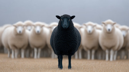 A striking image of a black sheep standing confidently in front of a group of white sheep on a serene pasture. The contrast highlights individuality amidst unity.の素材