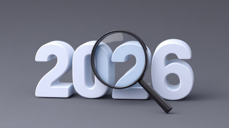 A magnifying glass highlights the three-dimensional representation of the number 2026, symbolizing analysis and focus on future trends and opportunities.の素材