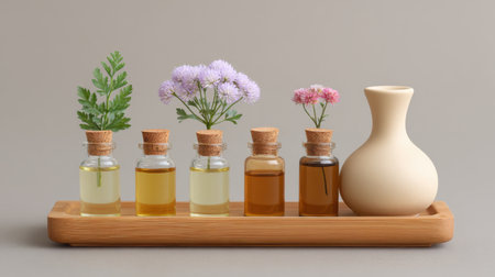 An exquisite composition featuring glass bottles filled with natural oils and adorned with fresh flowers, all elegantly arranged on a wooden tray.の素材