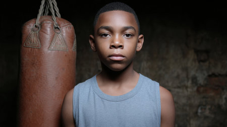 A striking portrait of a young boy in a boxing gym, standing confidently beside a heavy bag. His intense expression reflects determination and focus, embodying the spirit of a future champion.の素材