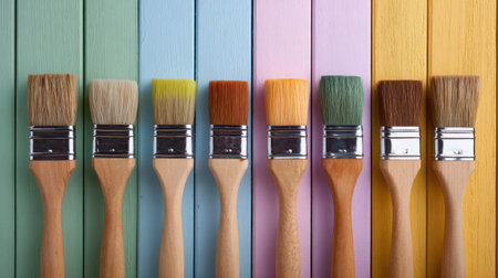 A stunning arrangement of colorful paint brushes displayed over vibrant wooden planks. Each brush shows a unique hue, enhancing any artistic workspace.の素材