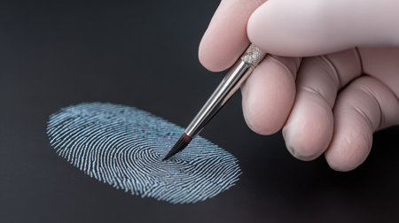 A close-up image featuring a gloved hand skillfully using a fine brush to create an artistic representation of a fingerprint on a black surface, highlighting detail and creativity.の素材