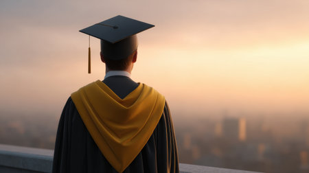 A graduate stands on a rooftop, wearing a cap and gown, looking out over a city skyline at sunrise. This scene embodies hope, inspiration, and new beginnings.の素材