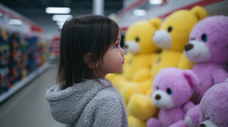 A young girl in a soft gray hoodie gazes in awe at colorful plush bears in a toy store aisle, embodying curiosity and wonder.の素材