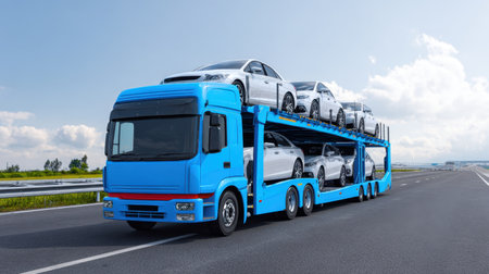 A blue car carrier truck loaded with several vehicles travels along a wide highway, surrounded by lush landscapes under a bright sky, illustrating efficient transport.の素材
