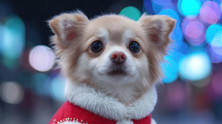 A charming chihuahua puppy dressed in a cozy Christmas sweater, set against a backdrop of vibrant bokeh lights that evoke holiday cheer and warmth.の素材
