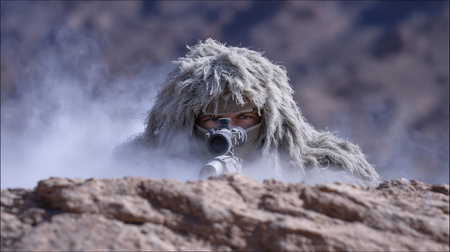 A soldier dressed in elaborate camouflage lies low behind rocky terrain, peering through a sniper rifle in a misty wilderness, showcasing tactical stealth.の素材