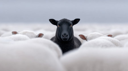 A distinctive black sheep stands out in a flock of white sheep, capturing the contrast in a serene pastoral landscape under soft light.の素材