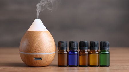 A stylish essential oil diffuser sits on a wooden table, surrounded by various colorful aromatherapy oil bottles. The soft light enhances relaxation, inviting a calm atmosphere for wellness and mindfulness practices.の素材