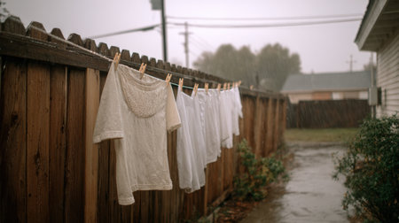 This image depicts laundry hanging on a wooden fence during a rainy day, capturing the essence of everyday life in a serene and atmospheric setting.の素材
